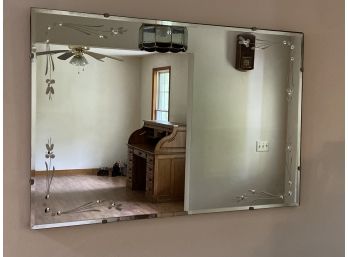 Beveled Mirror With Decorative Floral Etching 36x24in