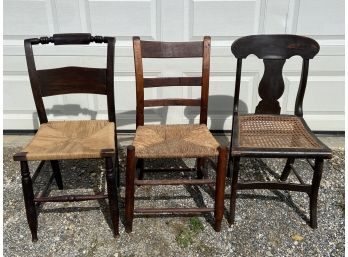 3 Wooden Chairs With Cane And Rattan Bottom Seats