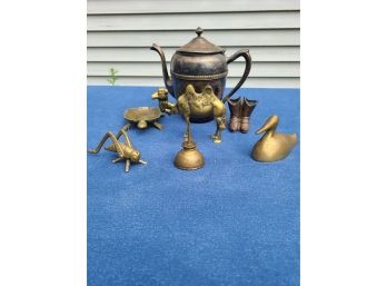 Brass And Metal Treasures Collection Tea Pot Cricket Duck Camel Cowboy Boots Turtle Vintage Oil Can