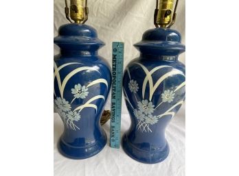 Pair Of Blue Ceramic Table Desk Lamps With Floral Design 24in