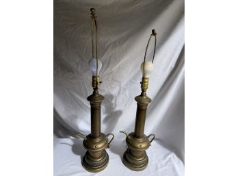 Pair Of Antiqued Metal Tea Pot Table Desk Lamps 23in