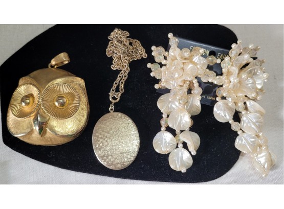 Lot Of Miscellaneous Jewelry Including Large Owl Charm, Locket, Shell Earrings