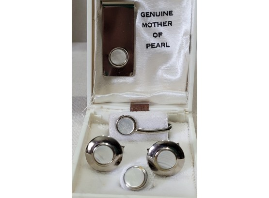 Vintage Mother Of Pearl Cufflinks Tuxedo Set Silver Tone