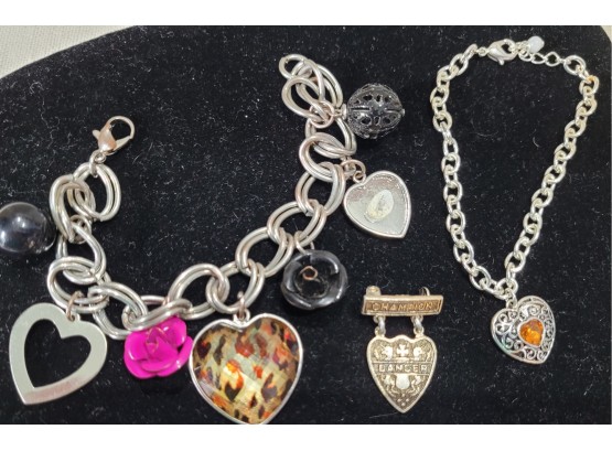 Lot Of Heart Charm Jewelry Including Charm Bracelets And Pin
