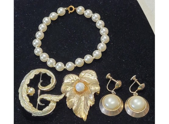 Lot Of Simulated Pearl Gold Tone Jewelry Including Sarah Coventry