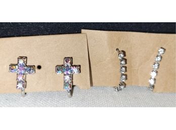 Two Sets Of Earrings Rainbow Gemstone Cross And Crystal Gemstone Huggies