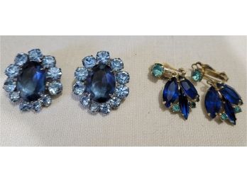 2 Pairs Of Elegant Vintage Sapphire Gemstone Clip Earrings