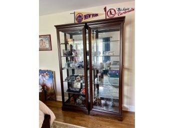 A Pair Of Locking & Sliding Door, Mirror Back Curio Cabinet Display Cases With Beveled Glass