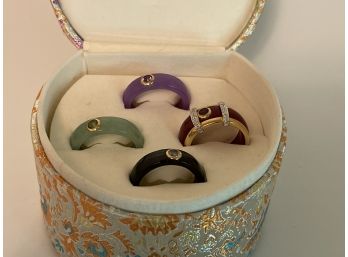 Multicolored Jade Band Ring Set With Interchangeable 14k Gold Frame And Inset Gemstone