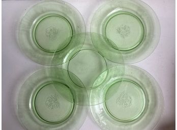Five Pretty Green Depression Glass Plates With Cherry Motif.