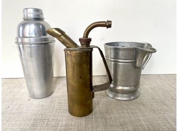 LOT Of Pewter Mug, Brass Oil Can (?), Tin Shaker