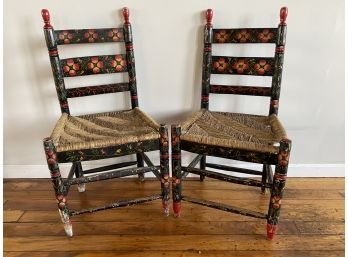 Pair Of Mexican Folk Painted Chairs With Rush Seats