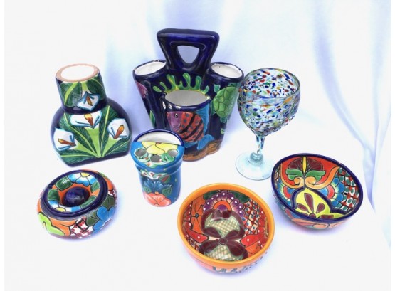 Collection Of Vibrant Mexican Pottery & Glassware