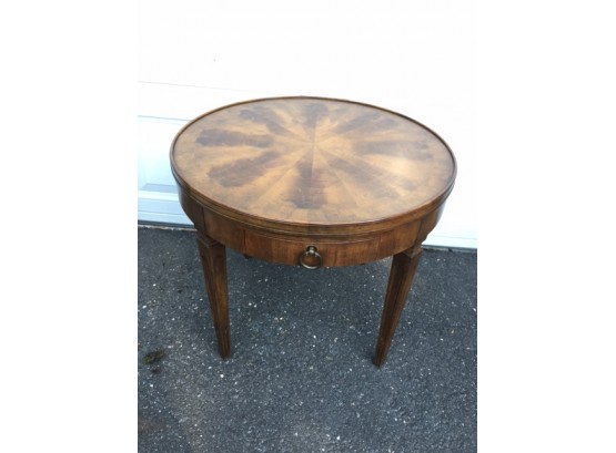Vintage Drum Table W/ Marquetry Detailed Design & Single Drawer