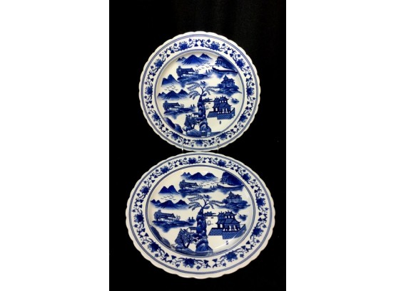 Pair Of Blue & White Asian Scene Charger Plates