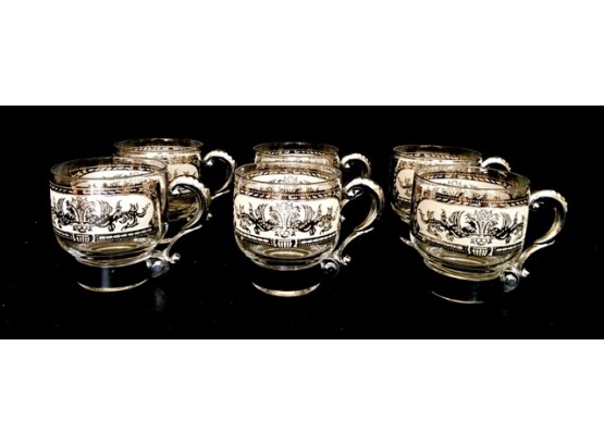 Set Of 6 Vintage Silvertone Glass Mug Set