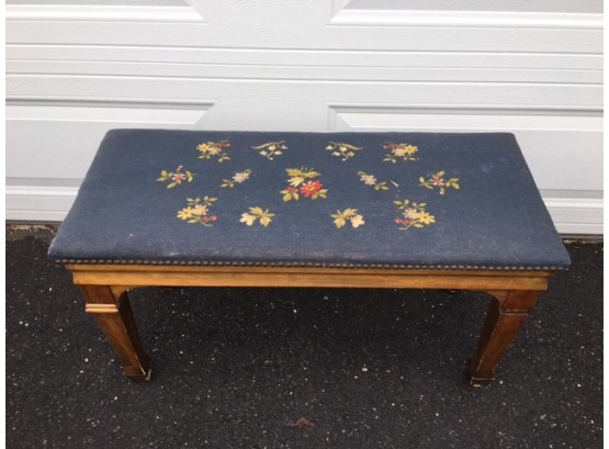Vintage Piano Bench W/ Storage & Embroidered Upholstered Seat