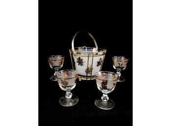 Vintage MCM Gold Foliage Ice Bucket And 4 Cocktail Glasses