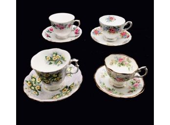 4 Vintage Collectable Teacups Sets In Floral Motif.