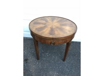 Vintage Drum Table W/ Marquetry Detailed Design & Single Drawer