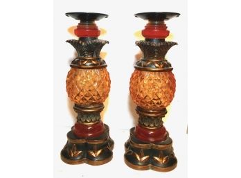 Ornate Pineapple & Palm Decoration Candlestick Holders