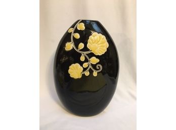 Unique Ceramic Vase In Black W/ Yellow Floral Design