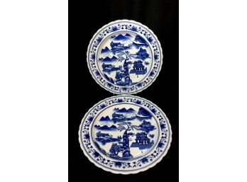 Pair Of Blue & White Asian Scene Charger Plates