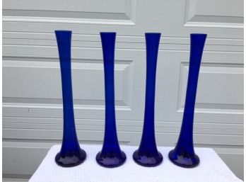 Grouping Of 4 Hand Blown Cobalt Blue Trumpet Vases