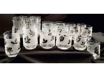 Vintage Collection Of 18 Libbey Glass Co Silver Foliage Barware.