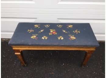 Vintage Piano Bench W/ Storage & Embroidered Upholstered Seat