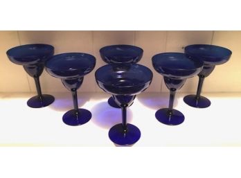 Set Of 6 Hand Blown Cobalt Blue Glass Margarita Glasses