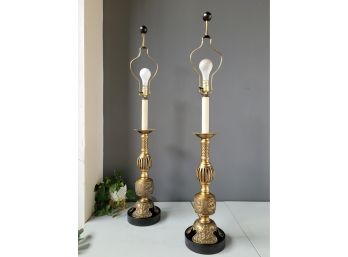 Pair 60s 4ft Tall Solid Brass Chinouserie Lamps