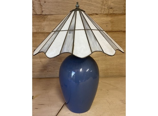 Ceramic Blue Base Lamp With Handmade Leaded Glass Shade