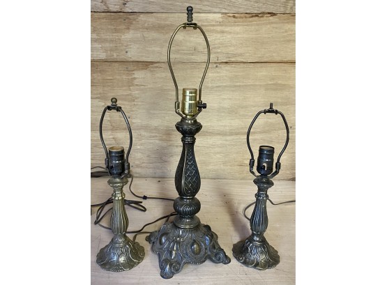 Three Brass Plated Metal Lamps