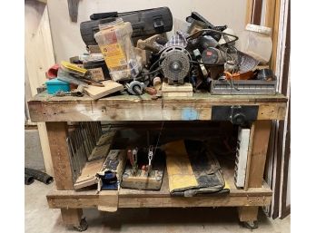 Wooden Workbench With Contents