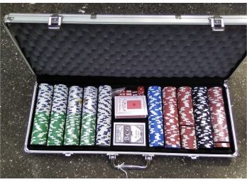 Poker Chips, Cards, Dice In Fitted Aluminum Box