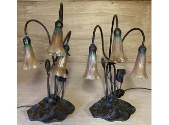 Pair Of Three Arm Bronze Base Lamps With Tulip Shades