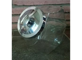 Old Country Store Slanted  Clear Glass Candy Jar With Chrone-tone Lid  Made In Hong Kong