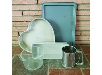 Vintage Baking Essentials - Pyrex Mixing Bowl, Flour Sifter, Large Loaf Pan, Large Heart Pan, Cookie Sheet