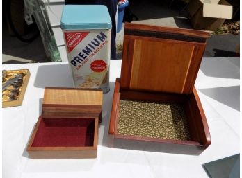 Custom Made Lined Wooden Boxes And Vintage Saltine Tin
