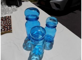 Pretty Set Of 3  Blue Glass Jars