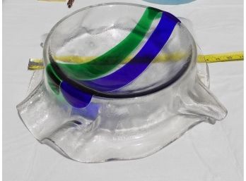 One Of A Kind Blue Green Stripe Hand Blown Glass Bowl