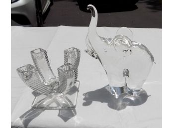 Crystal Glass Candleholder And Elephant