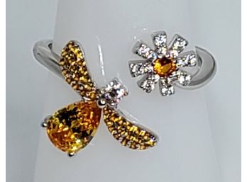Stunning Created Topaz Sterling Silver Bee And Flower Ring