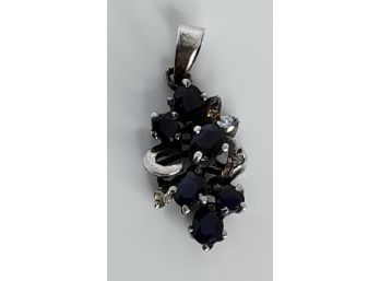 Beautiful Dark Blue Genuine Sapphire And Diamond Accent Cluster Pendant