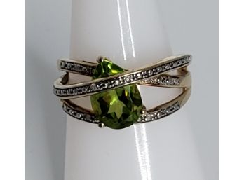 3 CT Genuine Peridot And Diamond Accent Sterling Silver Ring With Yellow Gold Overlay