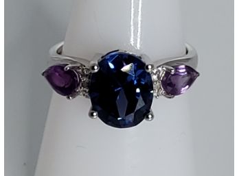 Stunning 2 Ctw Created Tanzanite And 4/5 Ctw Amethyst Sterling Silver Ring With Diamond Accent