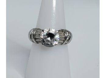 Stunning  Sterling Silver Round Cut CZ Engagement Ring With Round And Baguette Side Stones