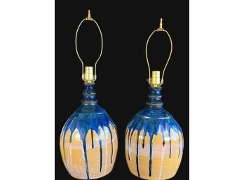 Set Of Two Large Vintage Beautifully Glazed Pottery Lamps