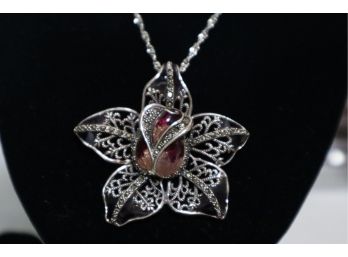 925 Sterling Silver With Enamel And Marcasites Flower Pendant On 925 Sterling Italy Chain
